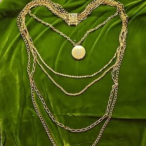Vintage 5-layer Gold-tone Cascading Necklace with Locket - Women Jewelry